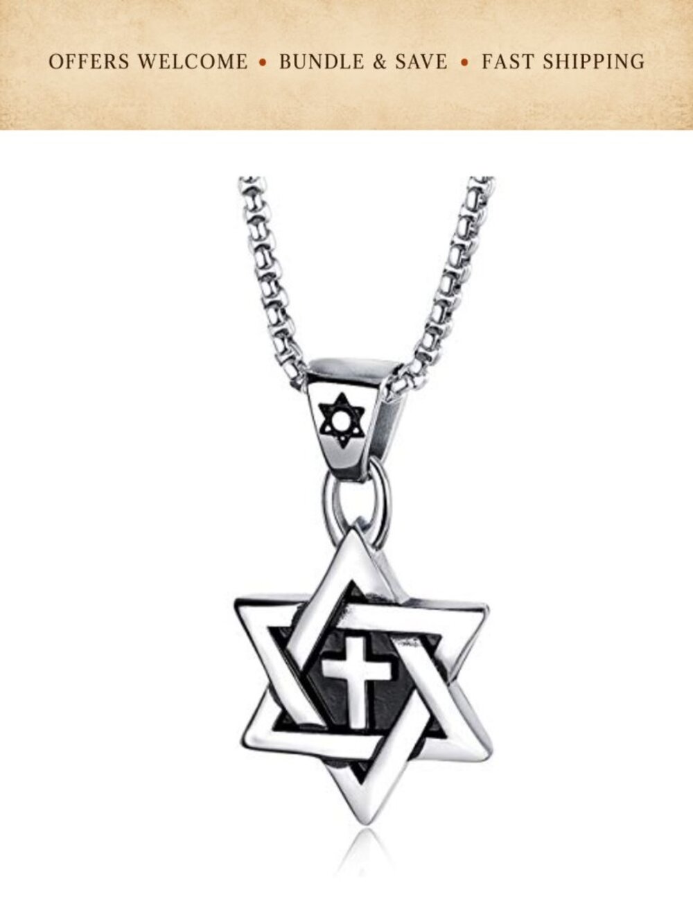 Star of David Cross Pendant Necklace Stainless Steel Chain 24 Inch Religious